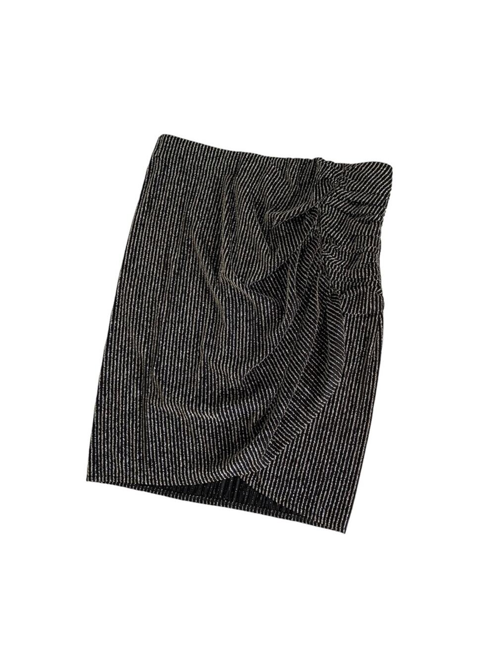 IRO Black & Silver Metallic Glitter Striped Ruched Side Skirt Size 40 Medium